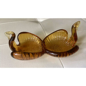 Amber Glass Swans Orange Candy Trinket Dish Ashtray Hand Blown small 1970's